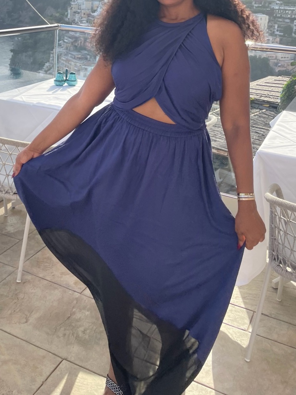 BCBGMaxAzria Navy Halter Maxi Dress with Twist Front